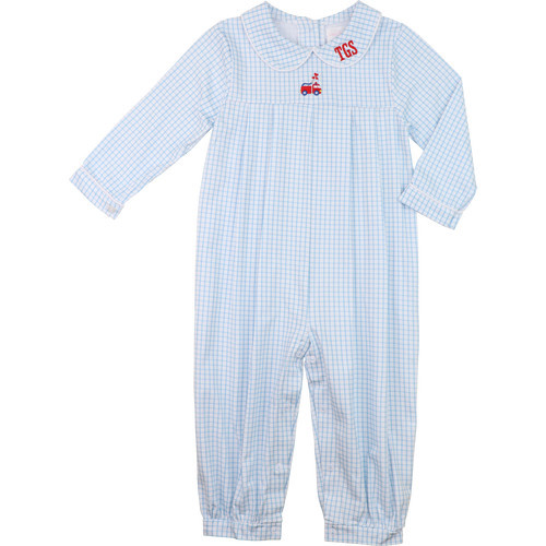 Blue Knit Windowpane Valentine Firetruck Long Romper | Cecil and Lou