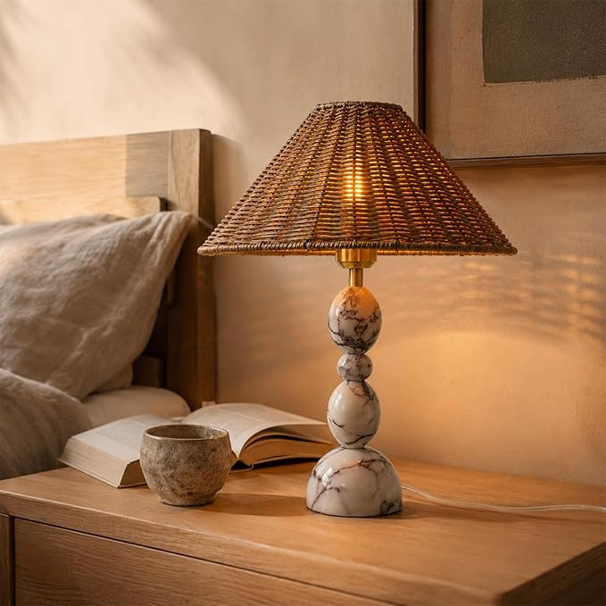 Calacatta Marble Table Lamp with Hand-Woven Rattan Shade, Vintage Stone Lamp with 3 Color Tempera... | Amazon (US)