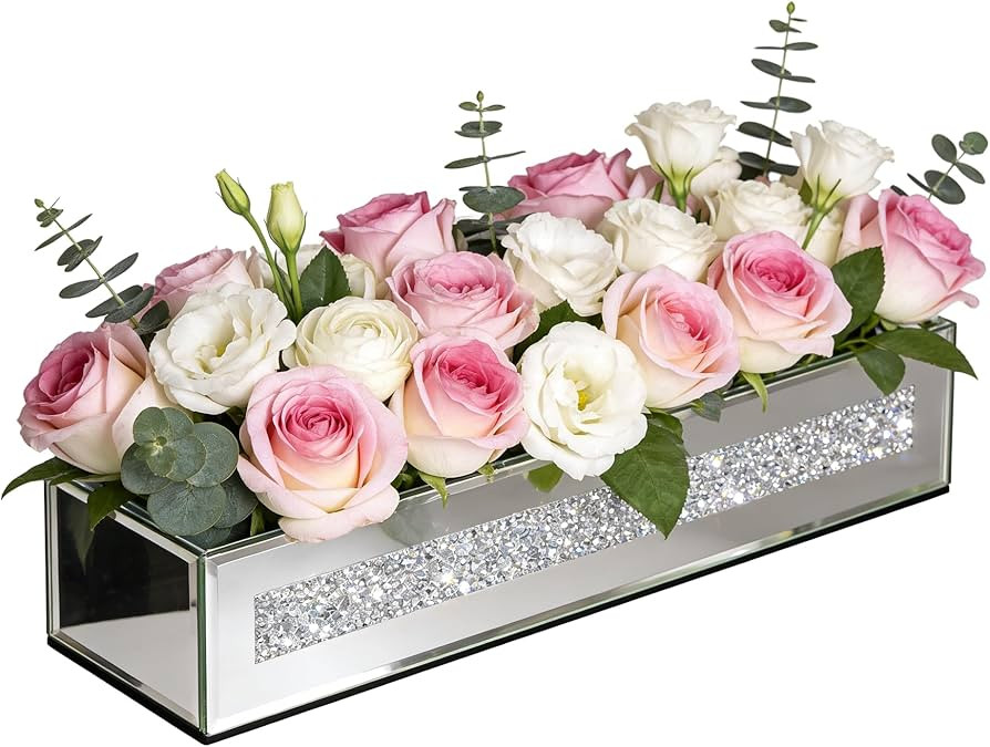 Flower Vase Rectangular Crushed Diamond Mirrored Vases for Centerpiece, Luxury Flower Arrangement... | Amazon (US)