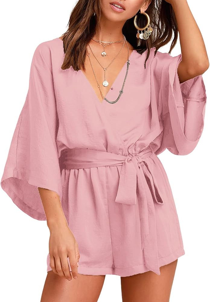 BLUEMING Rompers for Women 2023 Summer Casual V Neck Short Jumpsuits Belted Wrap Flared Half Sleeve  | Amazon (US)