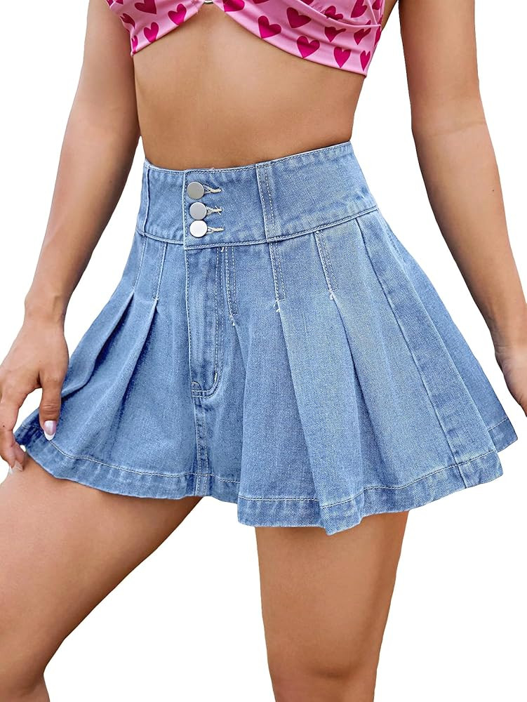 Verdusa Women's Buttoned High Waist A Line Pleated Denim Mini Skirt | Amazon (US)