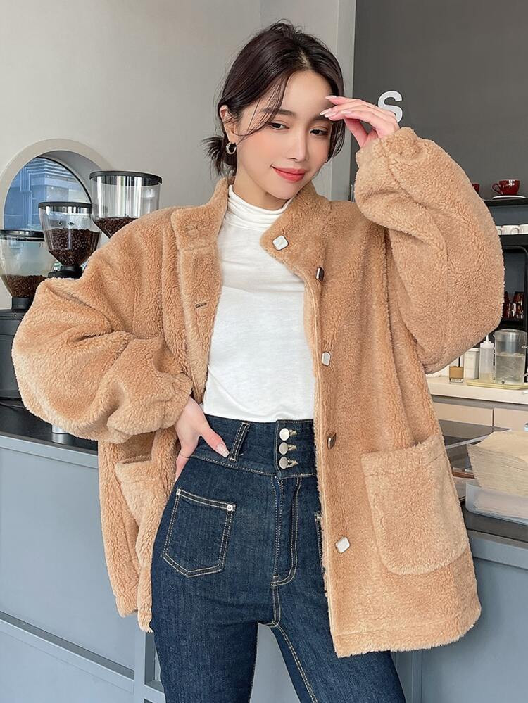 DAZY Dual Pocket Drop Shoulder Teddy Coat | SHEIN