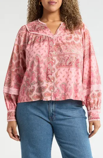 Treasure & Bond Lace Trim Embroidered Top in Pink- Olive Patchwork Paisley at Nordstrom Rack, Size 2X | Nordstrom Rack