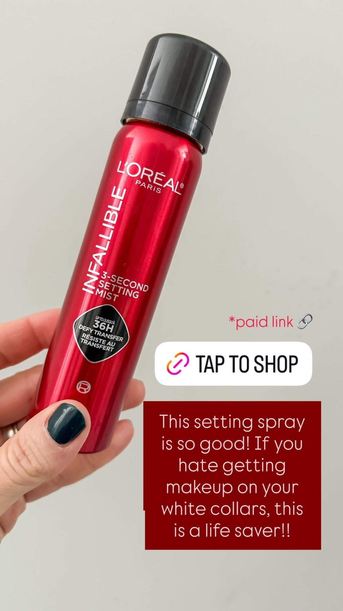 This setting spray is so good! If you hate getting makeup on your white collars, this is a life saver!! *paid link 🔗