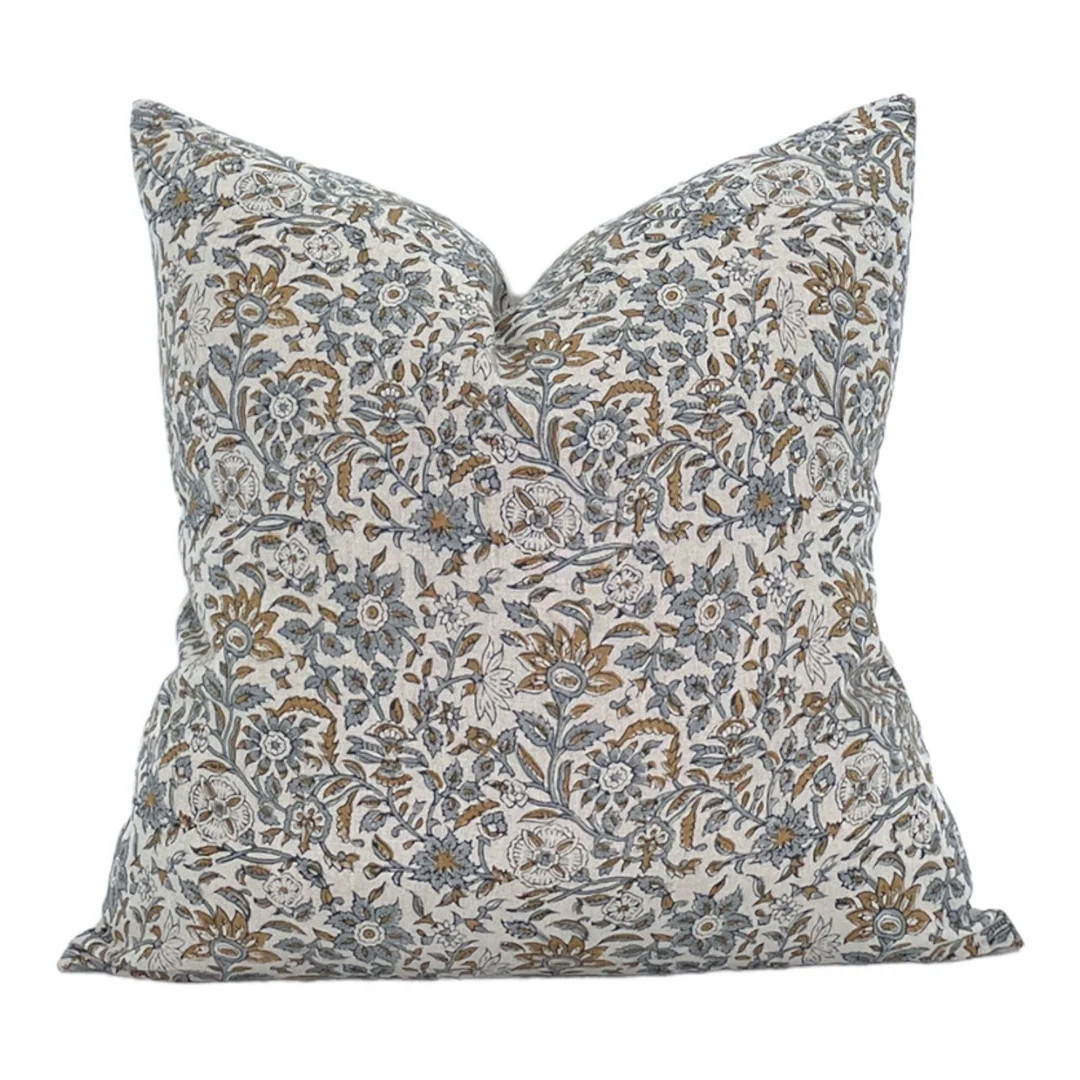 Designer Kanan Floral Pillow Cover // Tan Blue Mustard Pillow - Etsy | Etsy (US)