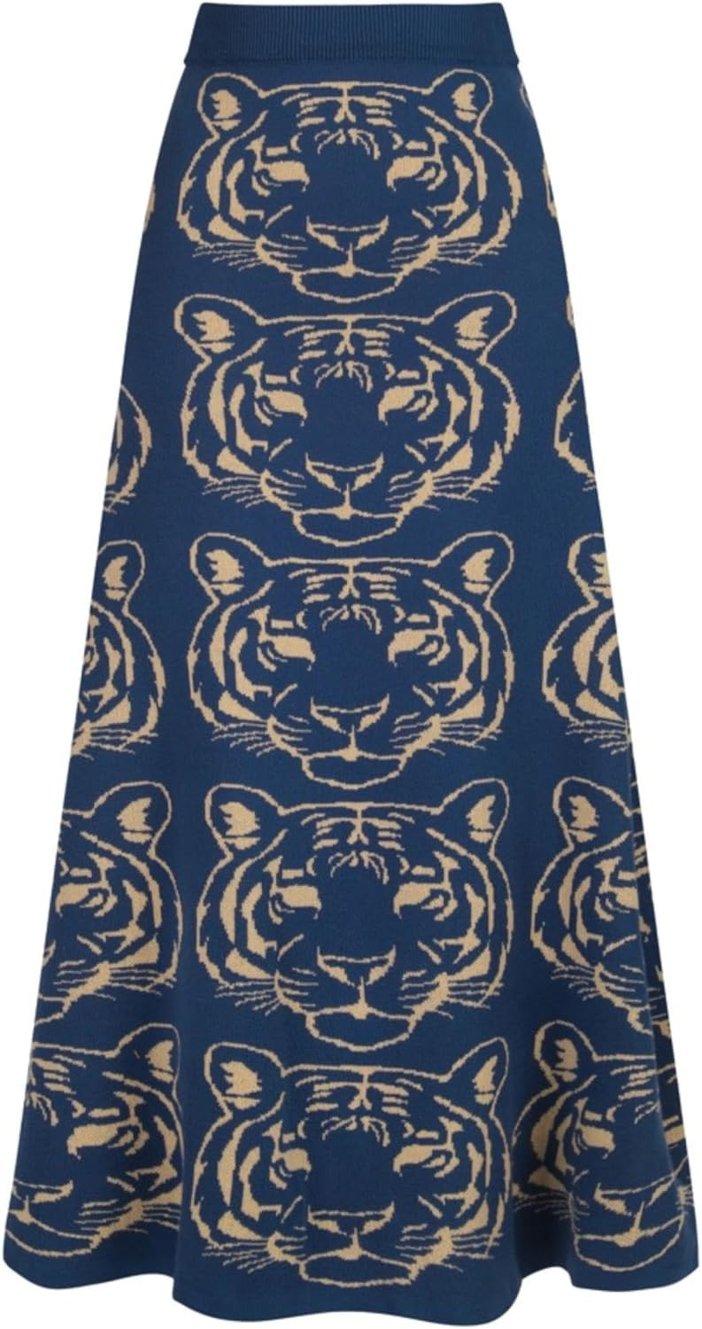 OXKnit Knittd Midi Skirts for Women, Mod Style Casual Retro Tiger Pattern High Waist A Line Cotton Blue Skirts | Amazon (US)
