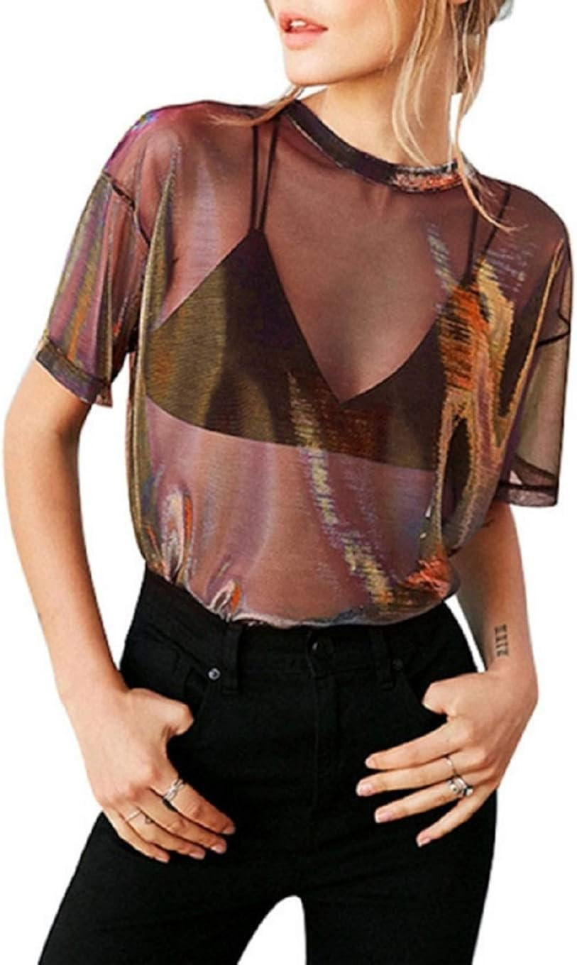 CERYIWER Womens See Through Shirts Short Sleeve Sexy Mesh Metallic Shiny Tops | Amazon (US)