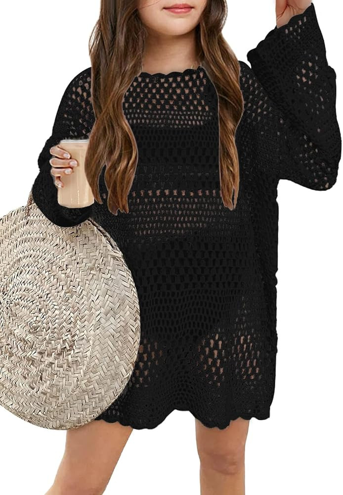 Girls Long Sleeve Swim Coverups Kids Fashion Crochet Beach Dress 5-14 Years | Amazon (US)