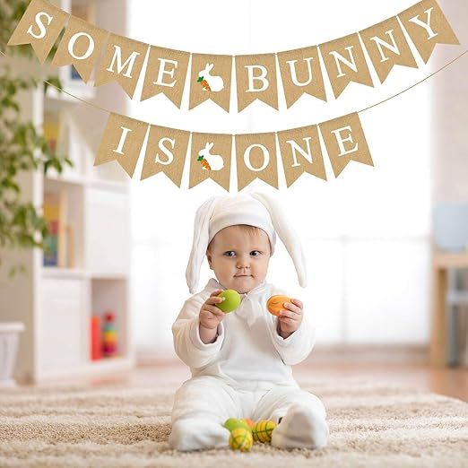 Jute Burlap Some Bunny Is One Banner Easter Spring Boy Girl 1st Birthday Party Decoration Supply | Amazon (US)