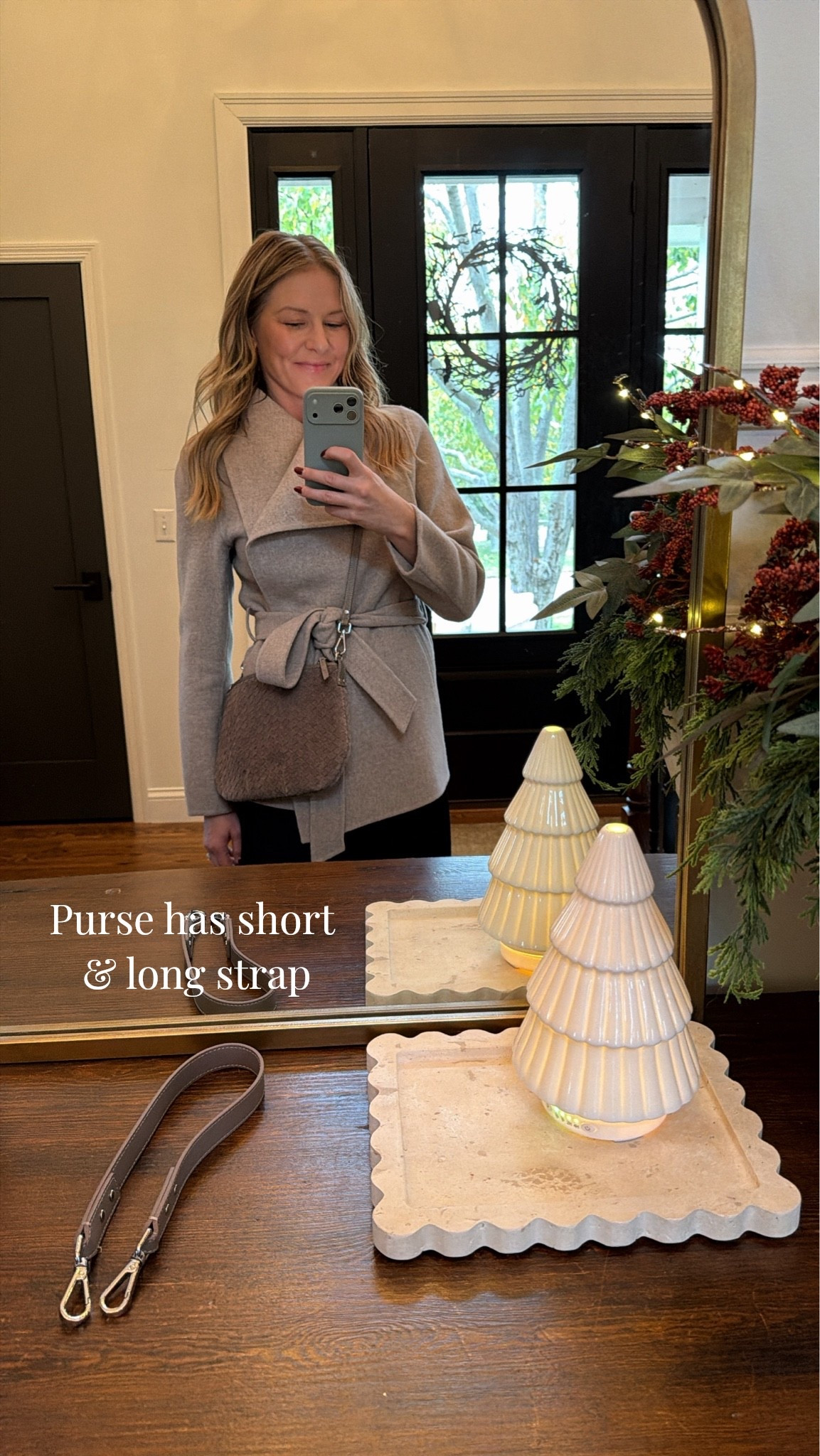 The wood wrap jacket I can’t get enough of! Perfect for cool fall days and warm winter afternoons. The suede purse had the most beautiful woven texture and comes with both a long and short strap option. How cute is the tree diffuser?!?