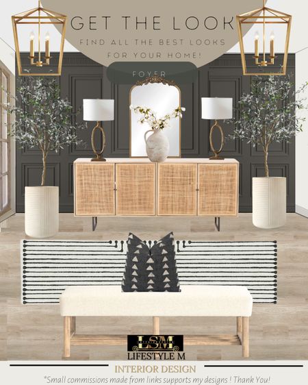 Sophisticated Foyer Idea. Recreate the look with these home furniture and decor finds! Wood upholstered bench, throw pillow, foyer striped runner rug, white ceramic tree planter pot, faux fake olive tree, wood cane console table, brass table lamp, ceramic vase, foyer brass pendant light, brass mirror.

#LTKSeasonal #LTKhome #LTKFind