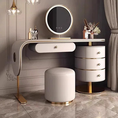 39.37" White  Luxurious Solid Wood Vanity With Chest Of Drawers & Stool & Mirror | Wayfair North America