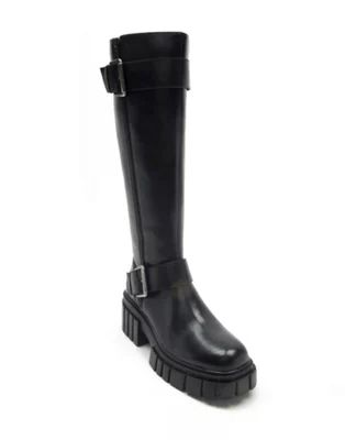 Off The Hook finchley high leg buckle strap leather zip biker boots in black | ASOS (Global)