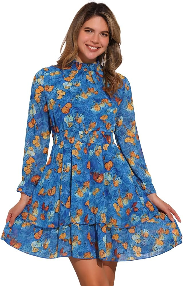 Allegra K Women's Floral Dress Chiffon Long Sleeve Mock Neck Ruffle Layered Smocked Mini Dresses | Amazon (US)