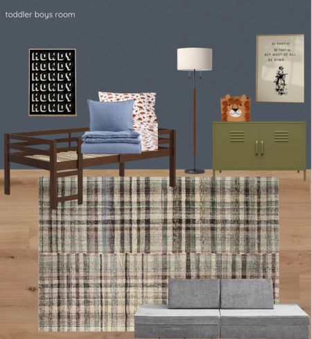 Toddler boys bedroom. Walnut furniture, moody colors. Blue and green tones. Plaid rug by Loloi. Paint color is coffee nook by magnolia. 

#LTKhome #LTKkids