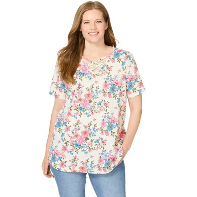 Woman Within Criss Cross Tee - M, Ivory Garden | Target