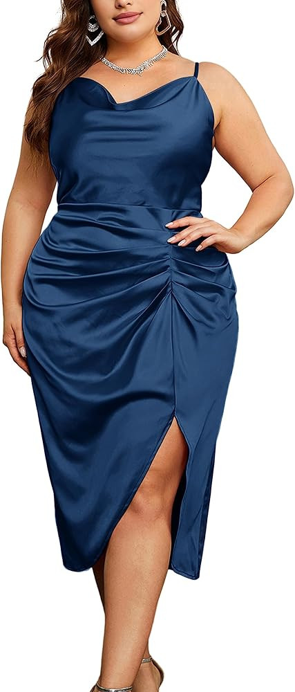 KIMCURVY Women's Plus Size Maxi Satin Spaghetti Strap Cowl Neck Party Cami Ruched Dress for Wedin... | Amazon (US)