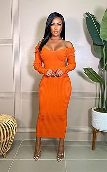 Lexiart Women's Sexy Bodycon Ribbed Dress Long Sleeve V Neck Off Shoulder Slim Knit Midi Dresses | Amazon (US)