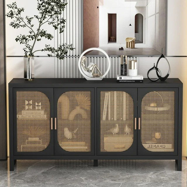 Natural Rattan Storage Cabinet with Metal Handle, Sideboard Buffet Cabinet with Storage Modern Ac... | Walmart (US)