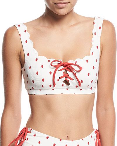 Palm Springs Scalloped Lace-Up Swim Top, White | Neiman Marcus