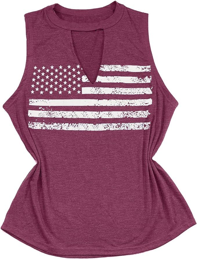 Women's Patriotic Shirt USA Flag Letters Print Sleeveless T-Shirt Hollow Out V-Neck Tank Tops 4th... | Amazon (US)