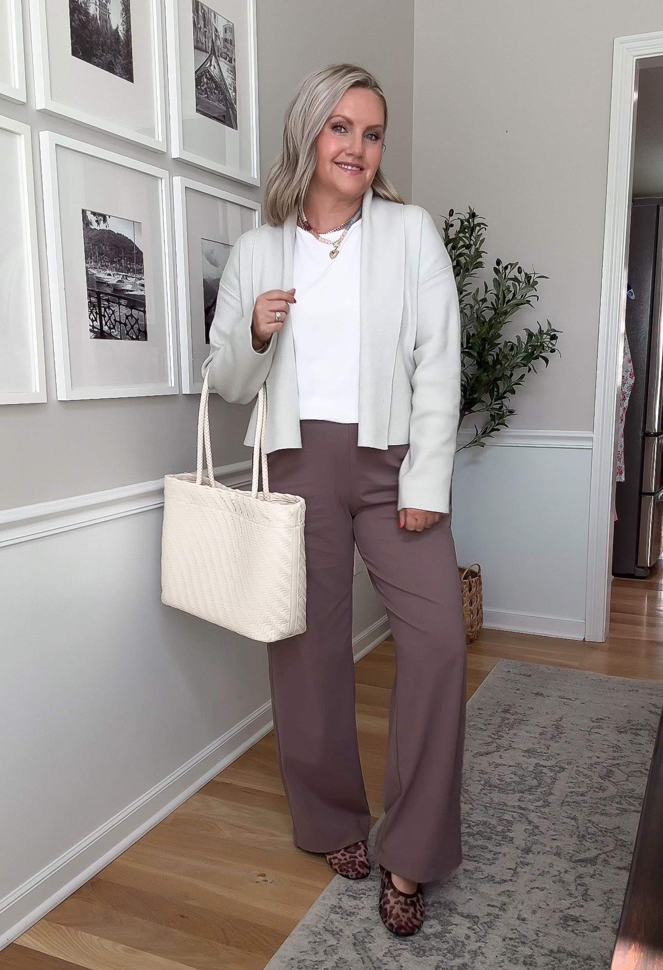 These wide leg pants are such a good fall color without feeling too heavy for right now. I love them with a simple white tee and cropped jacket, then the leopard flats add just enough print to keep the neutral outfit interesting.

wide leg pants, fall outfit, neutral outfit, white tee, cropped jacket, leopard flats, transitional style, casual workwear, everyday fashion, lovelylifestyling

#LTKootd #LTKSeasonal #LTKWorkwear