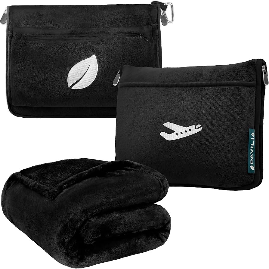 PAVILIA Travel Blanket Pillow, Airplane Blanket Set in Soft Bag with Pockets, Plane Blanket Compa... | Amazon (US)