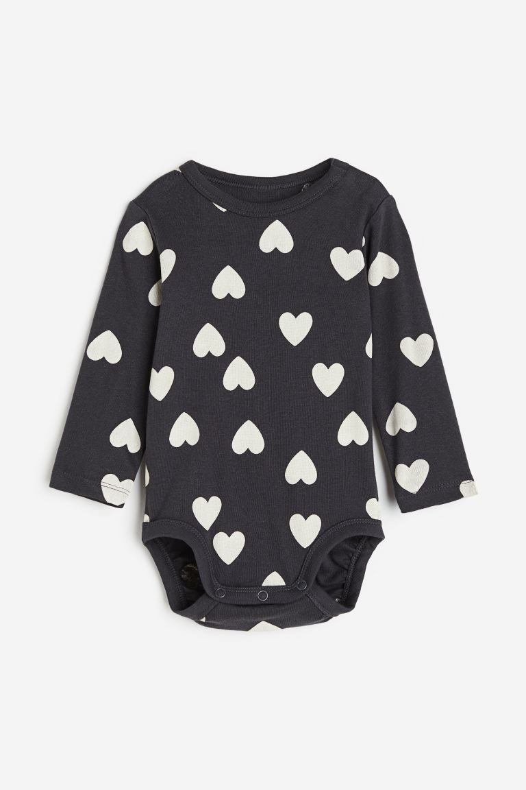 Long-sleeved Bodysuit - Dark gray/hearts - Kids | H&M US | H&M (US + CA)