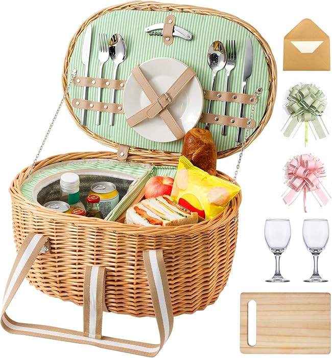 Picnic Basket for 2, Extra Large Wicker Picnic Basket Insulated, Handwoven Vintage Willow Picnic ... | Amazon (US)