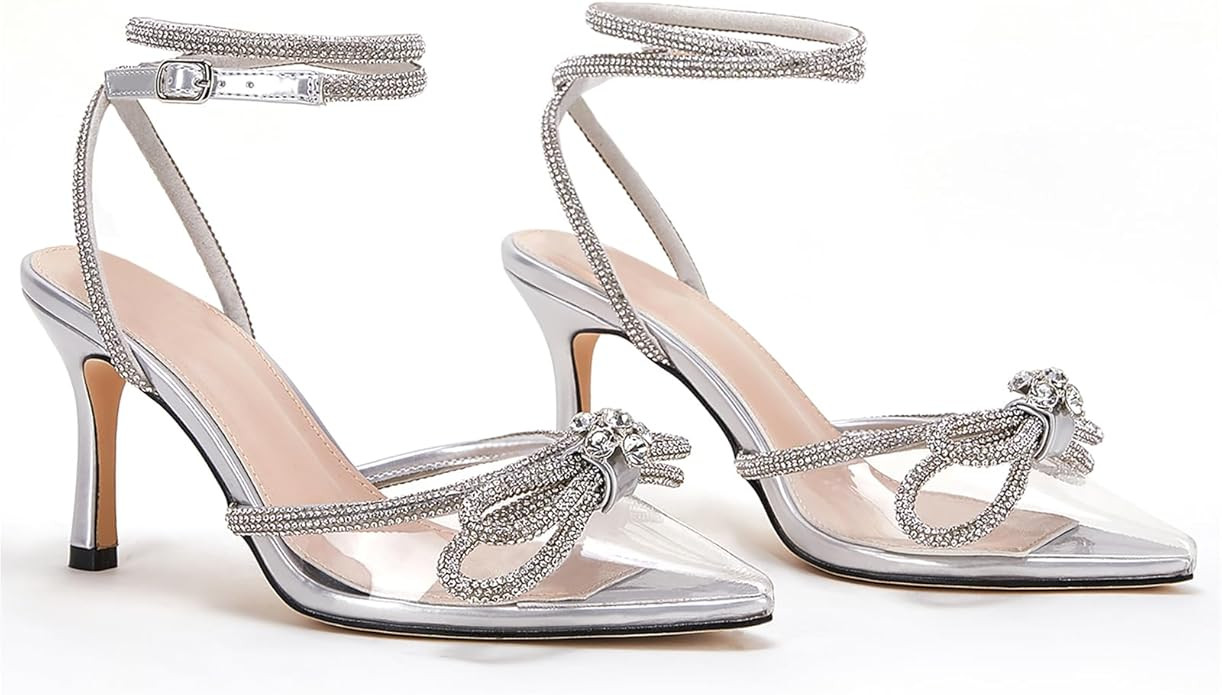 VETASTE Women's Double Bow Pointed Toe Ankle Strap Crystal Pumps Wedding Bridal Party Stilettos B... | Amazon (US)