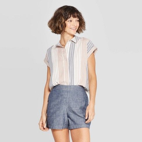Women's Striped Short Sleeve Popover Shirt - A New Day™ White/Tan/Blue | Target