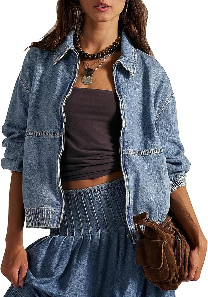 Womens Denim Jackets Long Sleeve Zip Up Elastic Hem Classic Loose Jean Bomber Jacket Outfit | Amazon (US)
