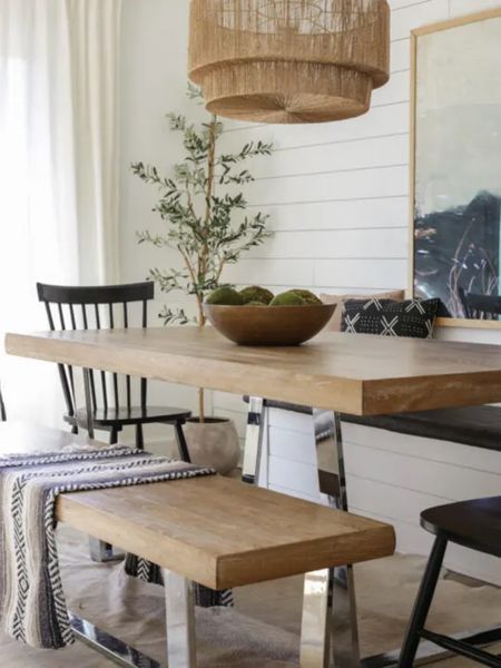 Modern organic dining room with eclectic touches- all on restricted budget! Wall color is Benjamin Moore “chantilly lace”.  #diningroom #decor #smallhouse #modernorganic #eclecticdecor #boho #diningnook #furniture #fixerupper #modernfarmhouse 

#LTKHome #LTKStyleTip #LTKFindsUnder100