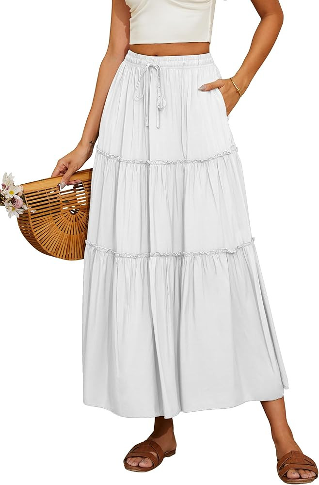 NASHALYLY Skirts for Women Boho Elastic Waisted Drawstring Swing Ruched 3 Tiered Maxi Skirt with ... | Amazon (US)