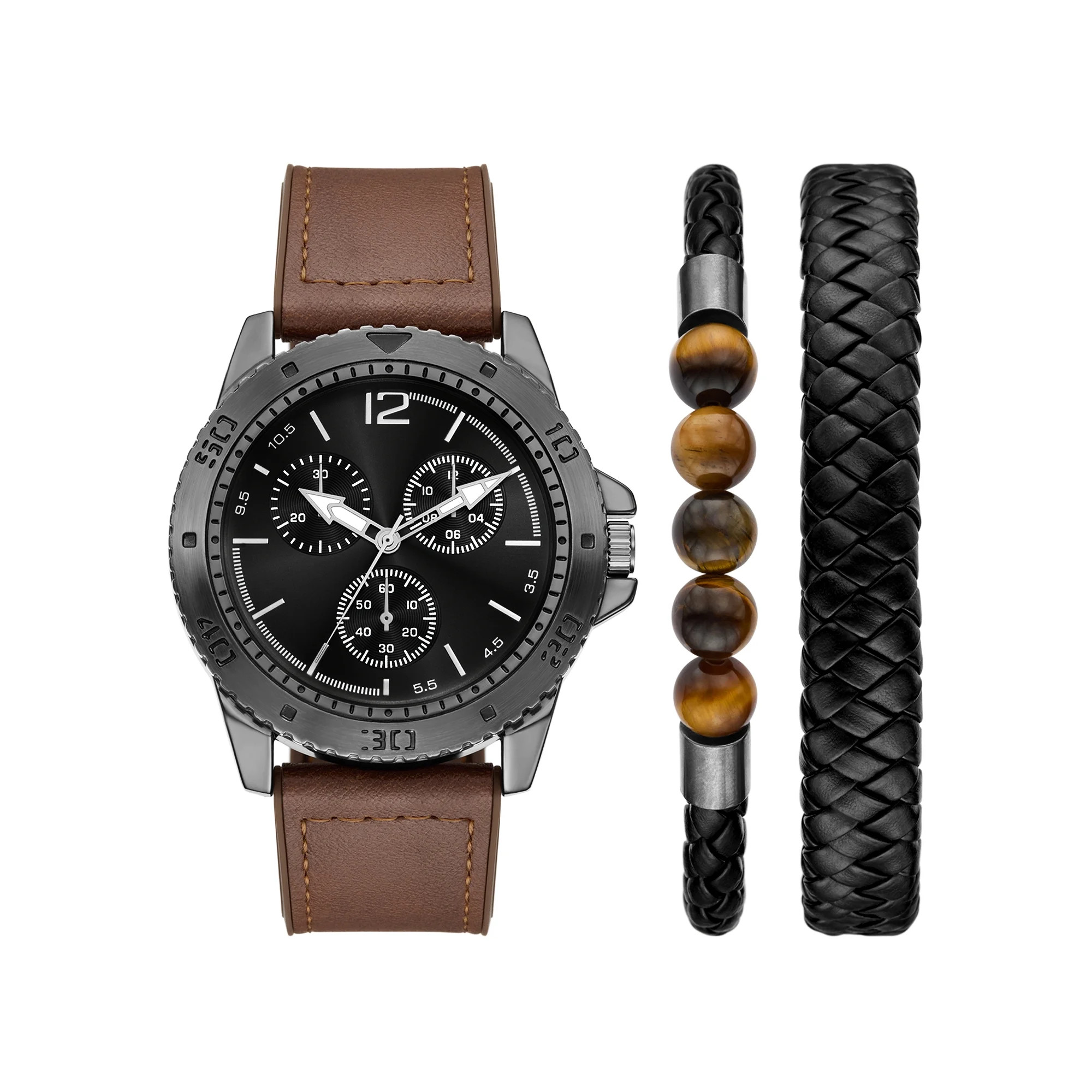 Folio Adult Men's PU Leather Brown 48mm 3pc Wristwatch Set | Walmart (US)