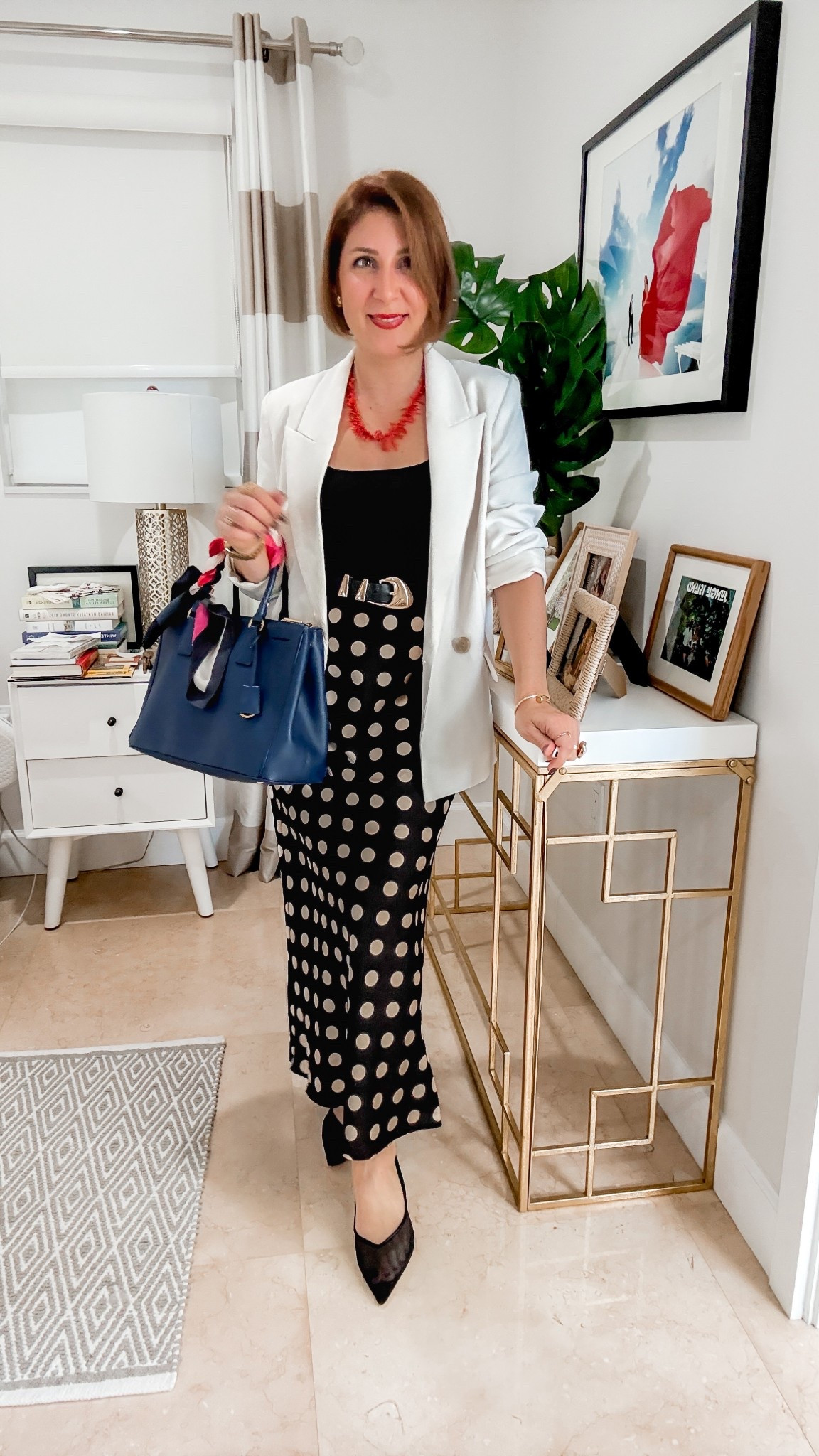 Polka dot pencil skirt with blazer