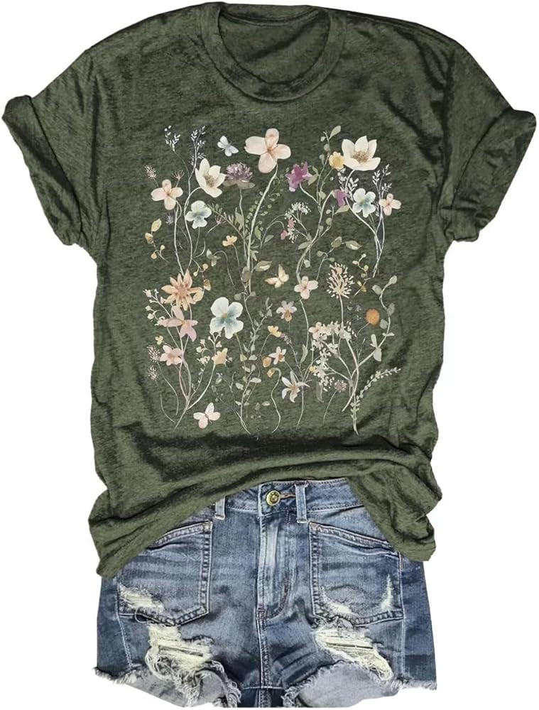 Women's Vintage Flowers Shirt Casual Boho Floral Printed T-Shirt Sunflower Wildflowers Graphic Te... | Amazon (US)