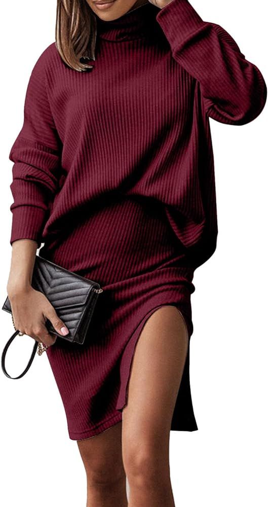 Dokotoo Women's 2 Piece Outfits 2023 Fall Long Sleeve Turtleneck Tops High Slit Bodycon Midi Skirt O | Amazon (US)