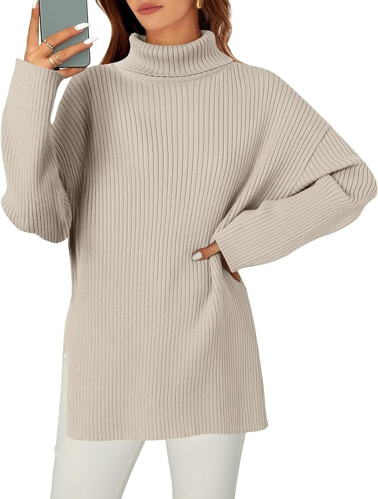 ZESICA Women's 2023 Winter Sweaters High Neck Long Sleeve Chunky Knit Oversized Side Slit Pullove... | Amazon (US)