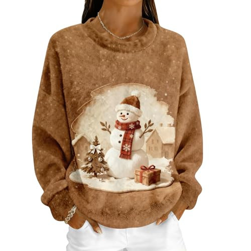 Christmas Sweaters for Women Crewneck Graphic Ugly Christmas Sweatshirt Cute Holiday Sweater Long Sleeve Drop Shoulder Fleece Flannel Sweatshirt Warm Sudaderas Para Mujer Light Brown L | Amazon (US)