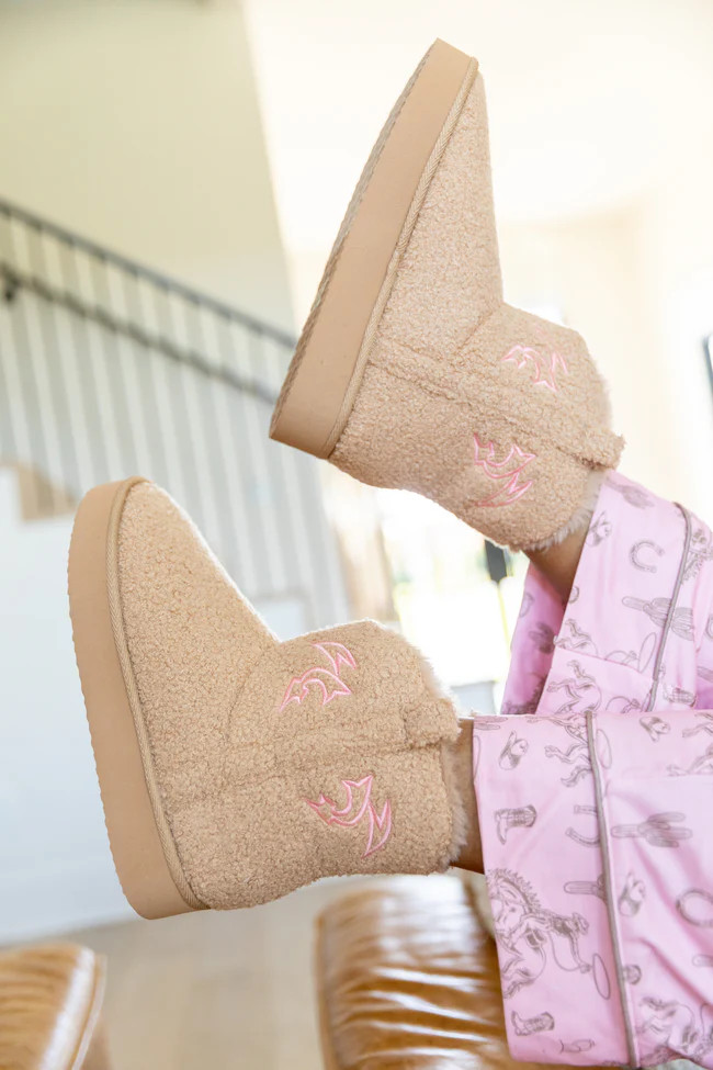 Cooper Tan Flair Stitch Shearling Platform Slippers SALE | Pink Lily