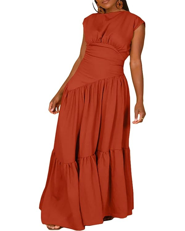 Women's Summer Sleeveless Loose Flowy Maxi Dress Crew Neck High Waist Casual Long Dress Zipper Sw... | Amazon (US)
