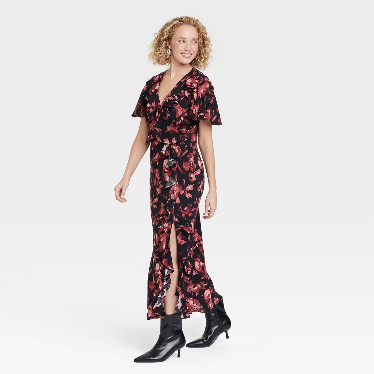 Women's Ruffle Flounce Short Sleeve Maxi Dress - A New Day™ Black/Red Floral | Target