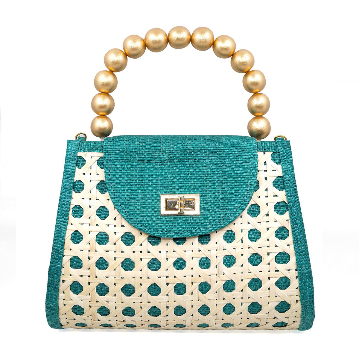 The Sienna Emerald Green & Gold Rattan Woven Handbag | Wolf & Badger (US)