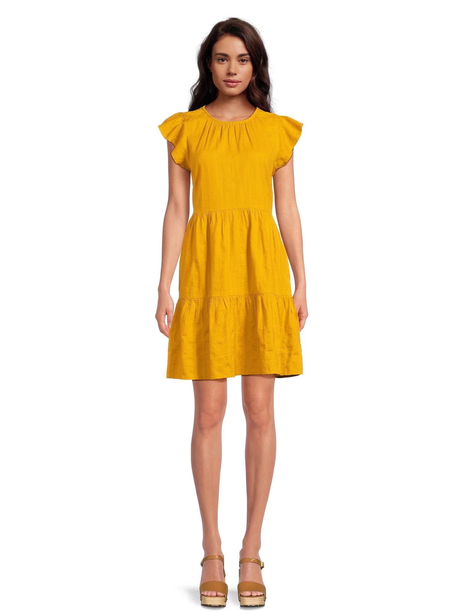 Time and Tru Women's Tiered Dress with Flutter Sleeves, Sizes XS-XXXL - Walmart.com | Walmart (US)