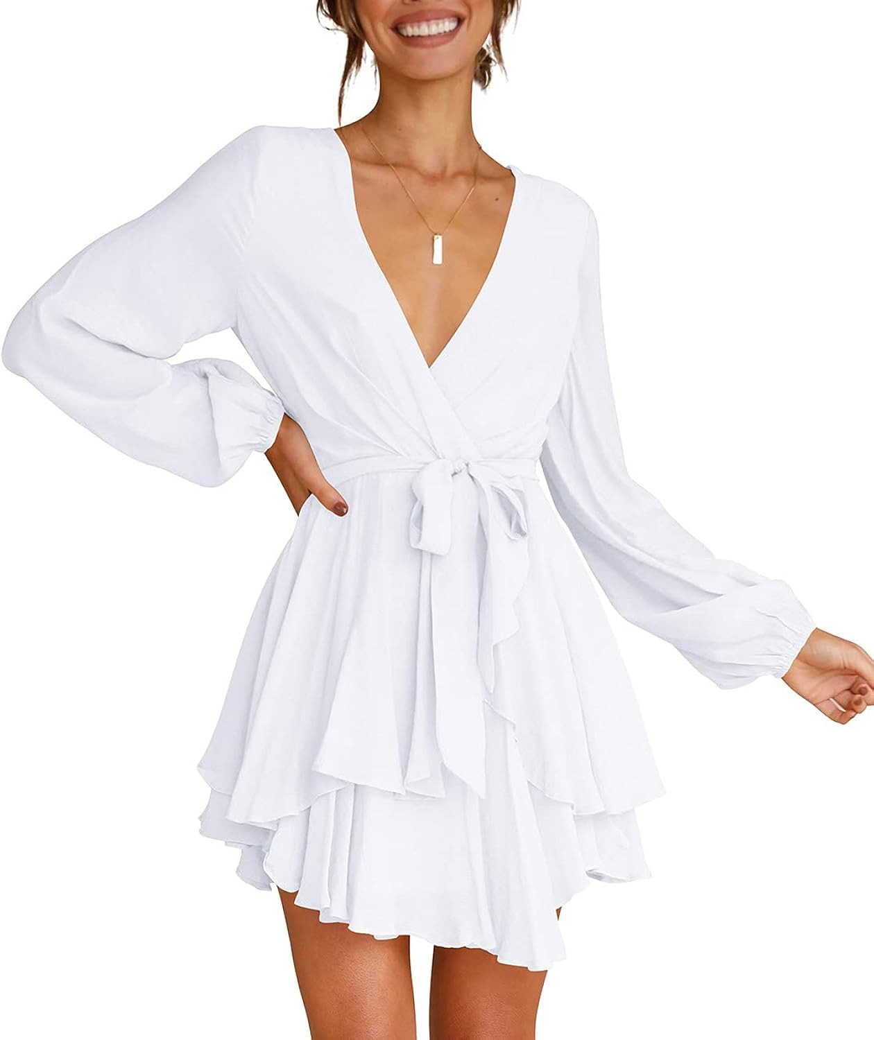 Cosonsen Women's Dress Deep V-Neck Long Sleeve Waist Tie Ruffle Mini Swing Skater Dresses | Amazon (US)