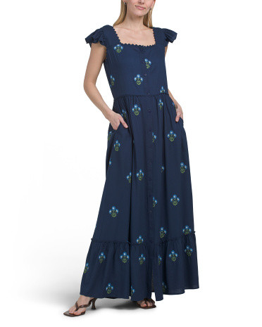 Linen Blend Flutter Sleeve Embroidered Maxi Dress | TJ Maxx