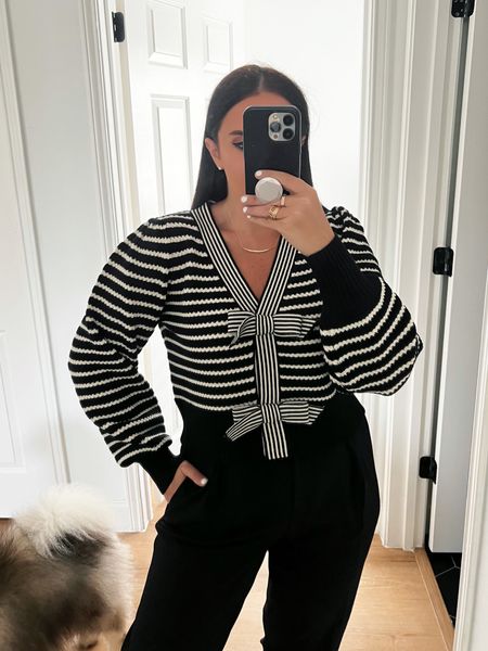 Express Striped V-Neck Bow Button Front Cardigan wearing size medium  Express Stylist Super High Waisted Pleated Pant wearing size 6.  

Follow my shop @thehouseofsequins on the @shop.LTK app to shop this post and get my exclusive app-only content!

#liketkit 
@shop.ltk
https://liketk.it/42Ss6