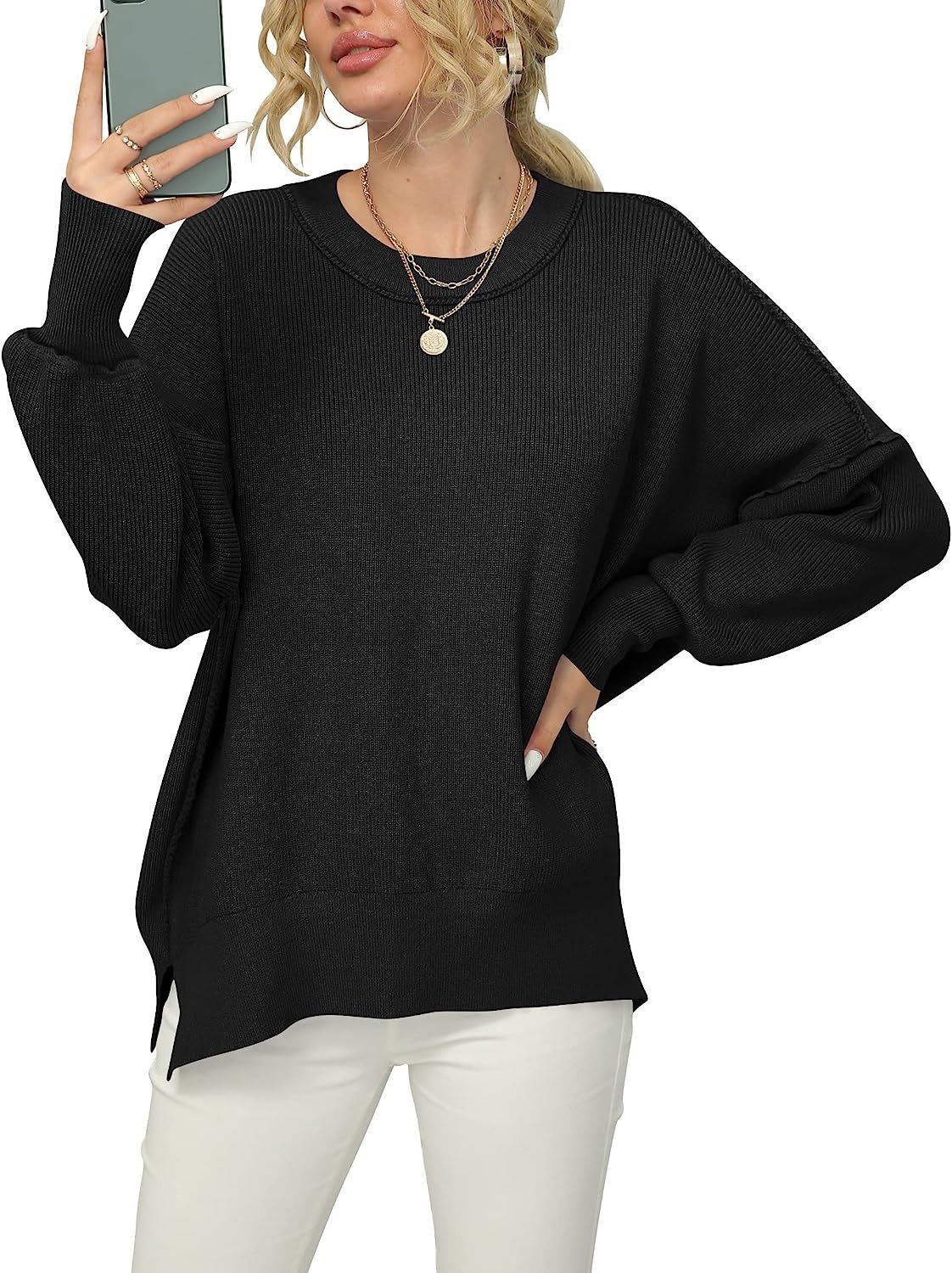 ANRABESS Women Crewneck Batwing Sleeve Oversized Side Slit Ribbed Knit Pullover Sweater Top | Amazon (US)