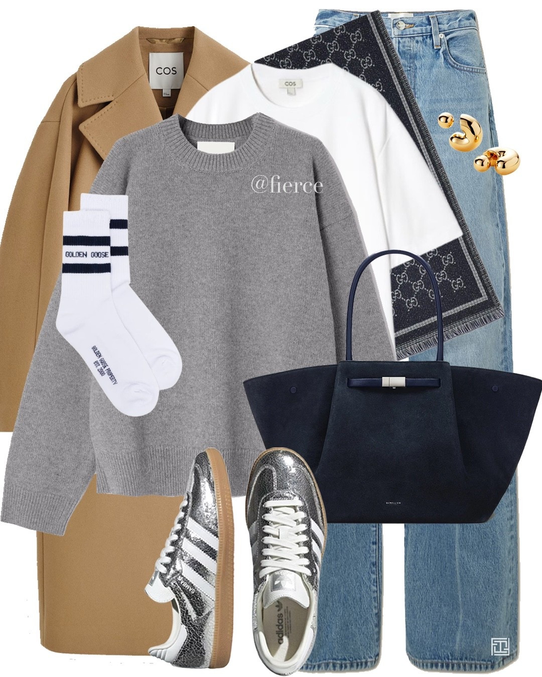 Tan coat blue jeans silver adidas samba grey jumper casual outfit weekend look suede navy tote bag 

#LTKeurope #LTKwinter #LTKuk